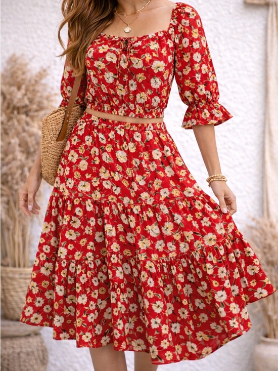 indigo Rose Dresses & Skirts - 🌺 Indigo Rose Red Floral 2-Piece Set – Boho Crop Top & Midi Skirt – Size M
